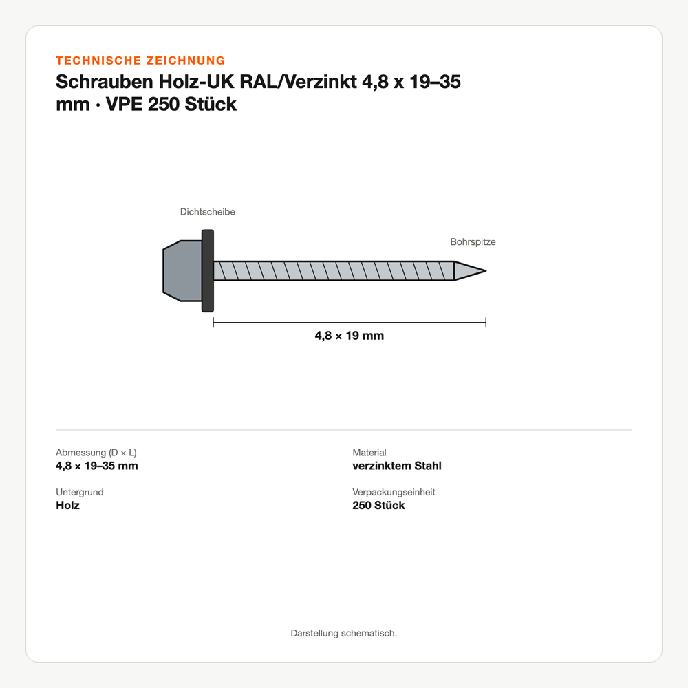 Technische Zeichnung: Schrauben Holz-UK RAL/Verzinkt 4,8 x 19–35 mm | VPE 250 Stück