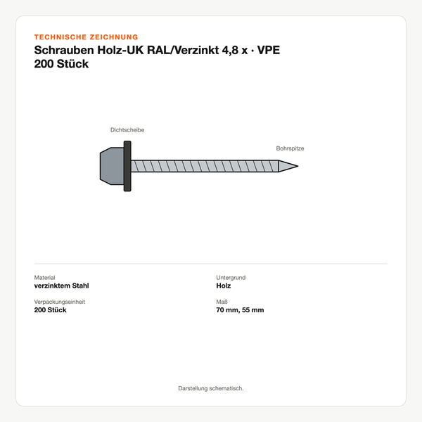 Technische Zeichnung: Schrauben Holz-UK RAL/Verzinkt 4,8 x | VPE 200 Stück