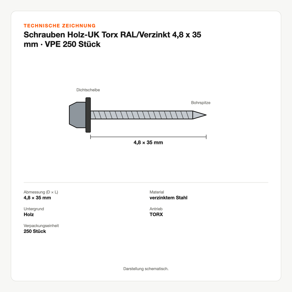 Technische Zeichnung: Schrauben Holz-UK Torx RAL/Verzinkt 4,8 x 35 mm | VPE 250 Stück