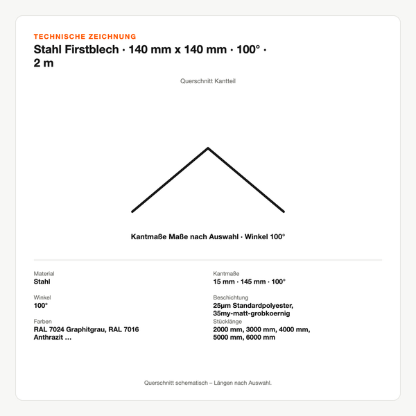 Technische Zeichnung: Stahl Firstblech | 140 mm x 140 mm | 100° | 2 m