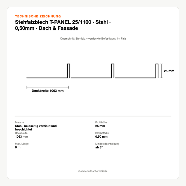 Technische Zeichnung: Stehfalzblech T-PANEL 25/1100 | Stahl | 0,50mm | Dach & Fassade