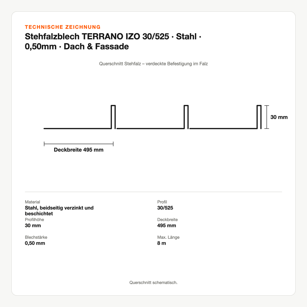 Technische Zeichnung: Stehfalzblech TERRANO IZO 30/525 | Stahl | 0,50mm | Dach & Fassade