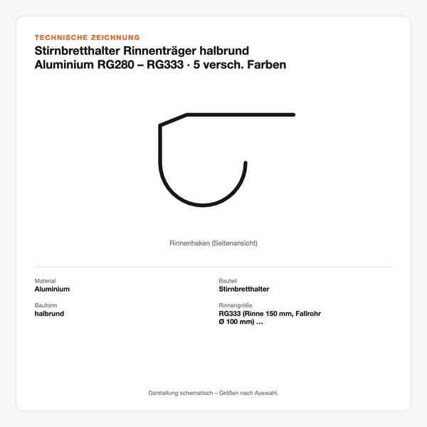 Technische Zeichnung: Stirnbretthalter Rinnenträger halbrund Aluminium RG280 – RG333 | 5 versch. Farben