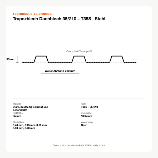 Technische Zeichnung: Trapezblech Dachblech 35/210 – T35S | Stahl
