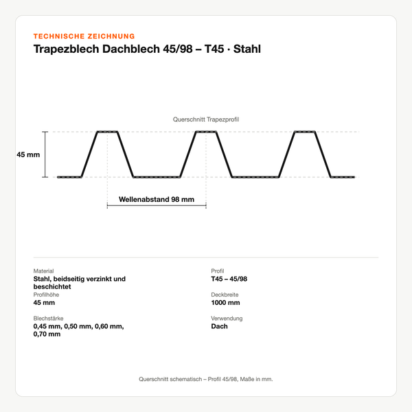 Technische Zeichnung: Trapezblech Dachblech 45/98 – T45 | Stahl