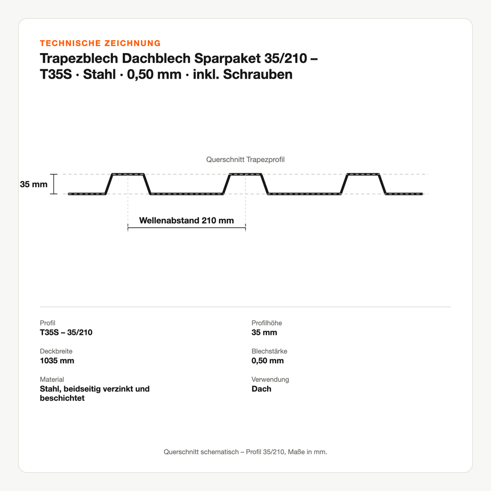 Technische Zeichnung: Trapezblech Dachblech Sparpaket 35/210 – T35S | Stahl | 0,50 mm | inkl. Schrauben