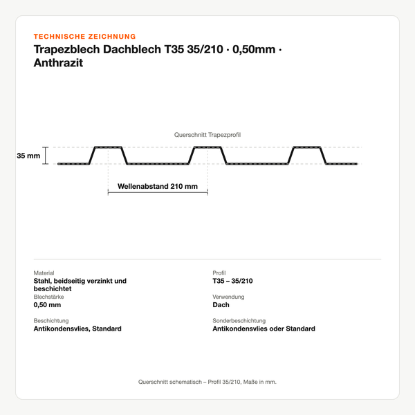 Technische Zeichnung: Trapezblech Dachblech T35 35/210 | 0,50mm | Anthrazit