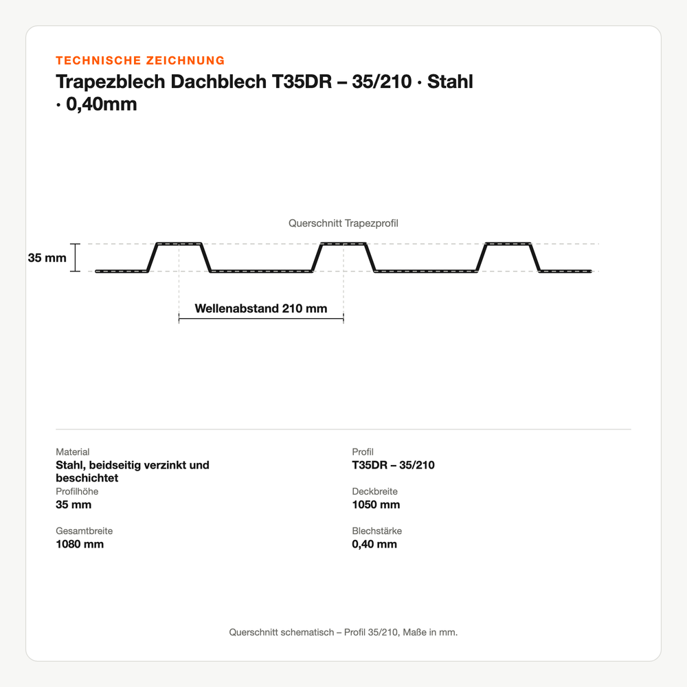 Technische Zeichnung: Trapezblech Dachblech T35DR – 35/210 | Stahl | 0,40mm