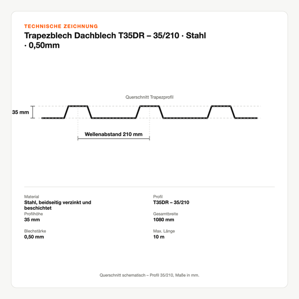 Technische Zeichnung: Trapezblech Dachblech T35DR – 35/210 | Stahl | 0,50mm
