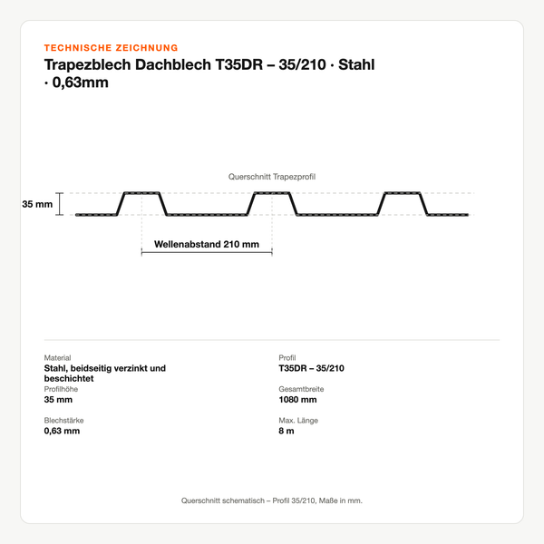 Technische Zeichnung: Trapezblech Dachblech T35DR – 35/210 | Stahl | 0,63mm