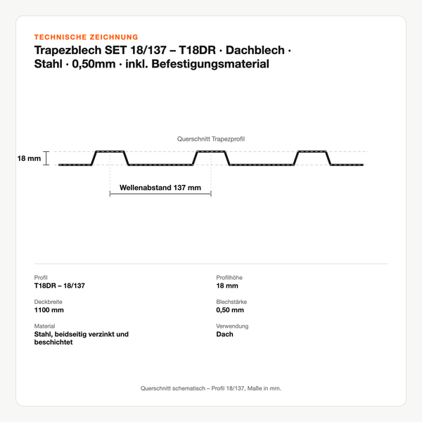 Technische Zeichnung: Trapezblech SET 18/137 – T18DR | Dachblech | Stahl | 0,50mm | inkl. Befestigungsmaterial