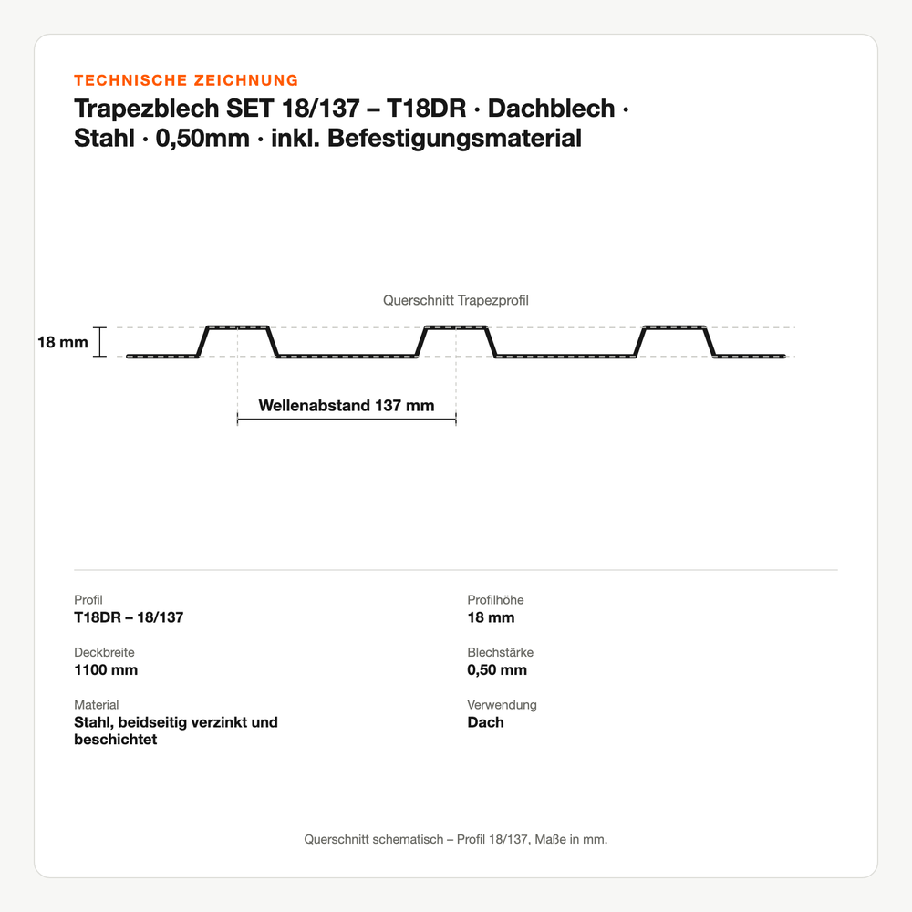 Technische Zeichnung: Trapezblech SET 18/137 – T18DR | Dachblech | Stahl | 0,50mm | inkl. Befestigungsmaterial