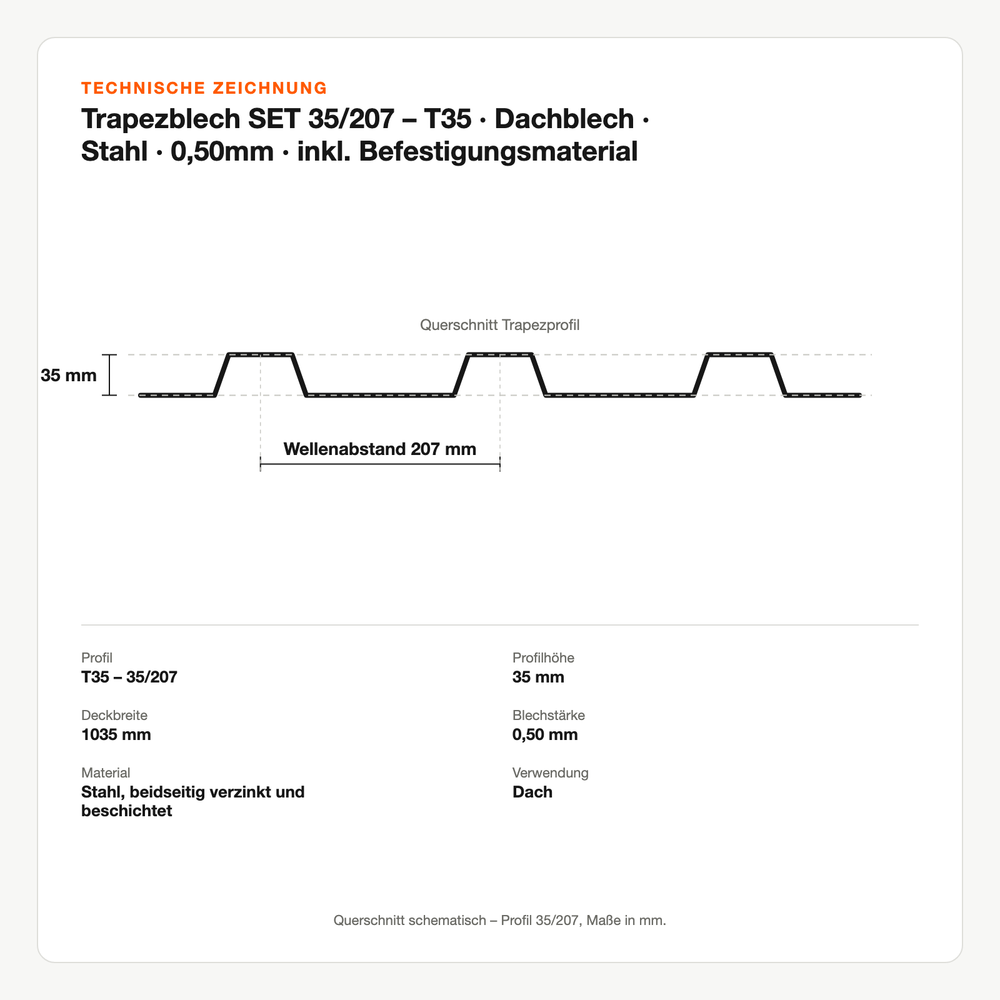 Technische Zeichnung: Trapezblech SET 35/207 – T35 | Dachblech | Stahl | 0,50mm | inkl. Befestigungsmaterial