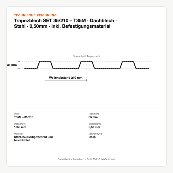 Technische Zeichnung: Trapezblech SET 35/210 – T35M | Dachblech | Stahl | 0,50mm | inkl. Befestigungsmaterial