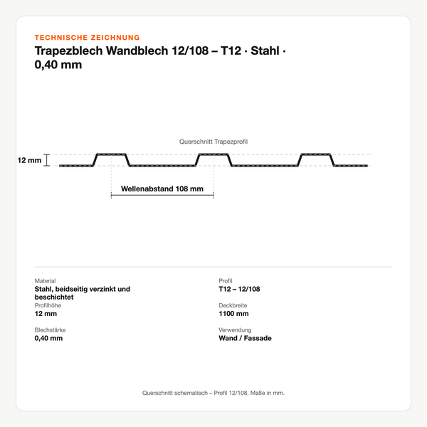 Technische Zeichnung: Trapezblech Wandblech 12/108 – T12 | Stahl | 0,40 mm