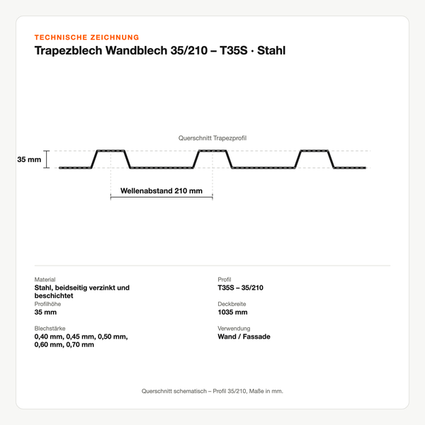 Technische Zeichnung: Trapezblech Wandblech 35/210 – T35S | Stahl