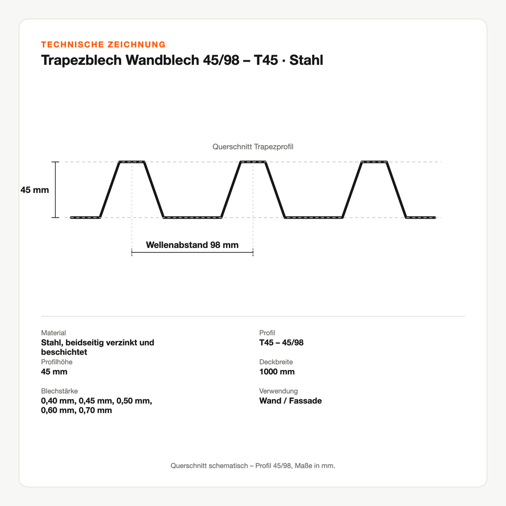 Technische Zeichnung: Trapezblech Wandblech 45/98 – T45 | Stahl