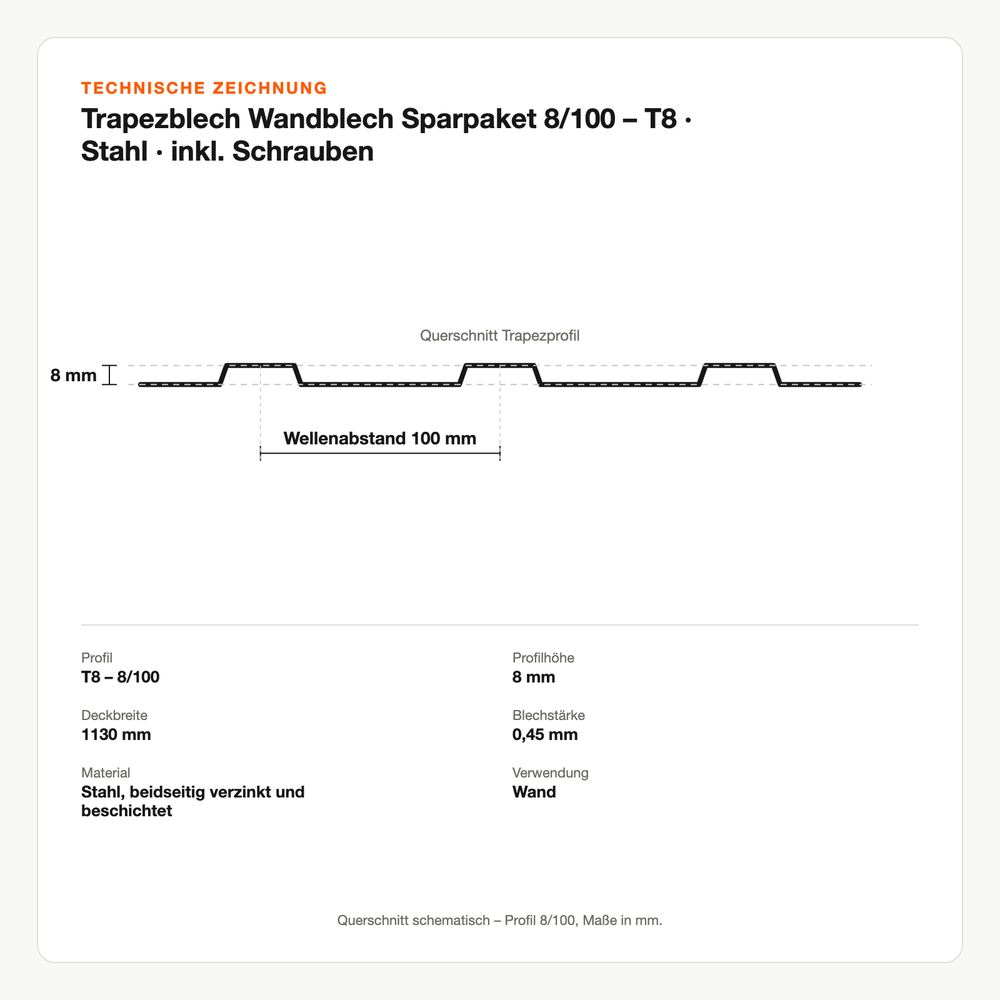 Technische Zeichnung: Trapezblech Wandblech Sparpaket 8/100 – T8 | Stahl | inkl. Schrauben