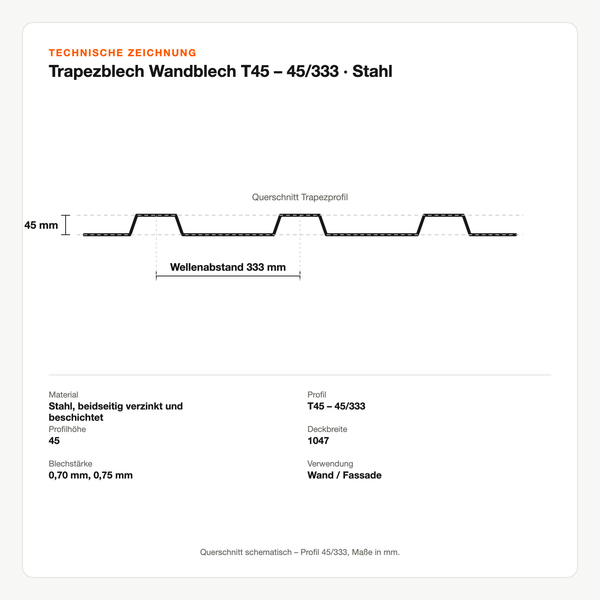 Technische Zeichnung: Trapezblech Wandblech T45 – 45/333 | Stahl