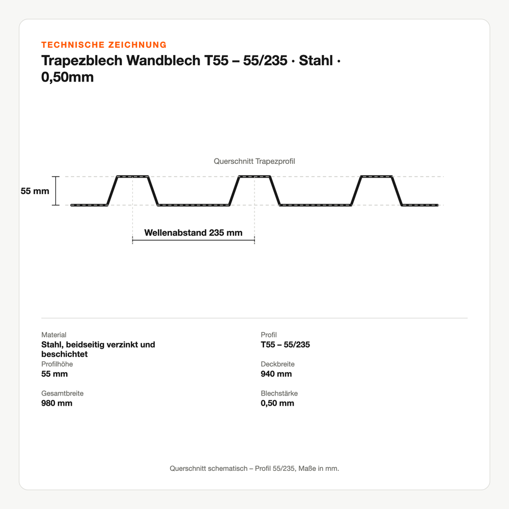 Technische Zeichnung: Trapezblech Wandblech T55 – 55/235 | Stahl | 0,50mm