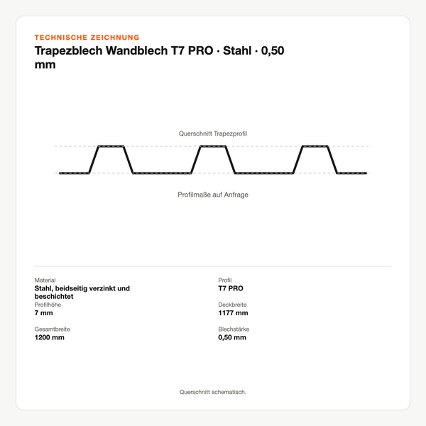 Technische Zeichnung: Trapezblech Wandblech T7 PRO | Stahl | 0,50 mm