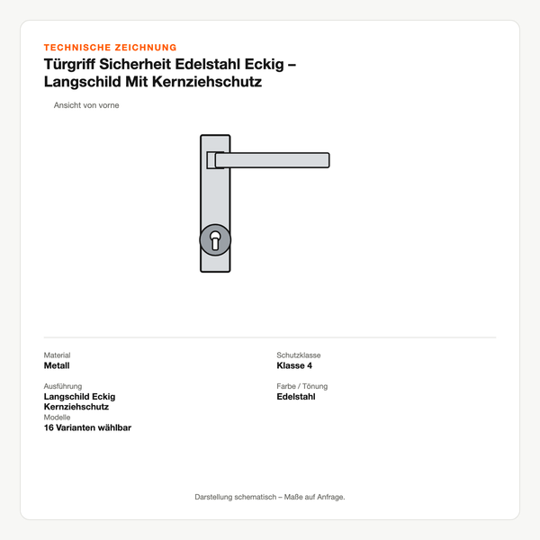 Technische Zeichnung: Türgriff Sicherheit Edelstahl Eckig – Langschild Mit Kernziehschutz