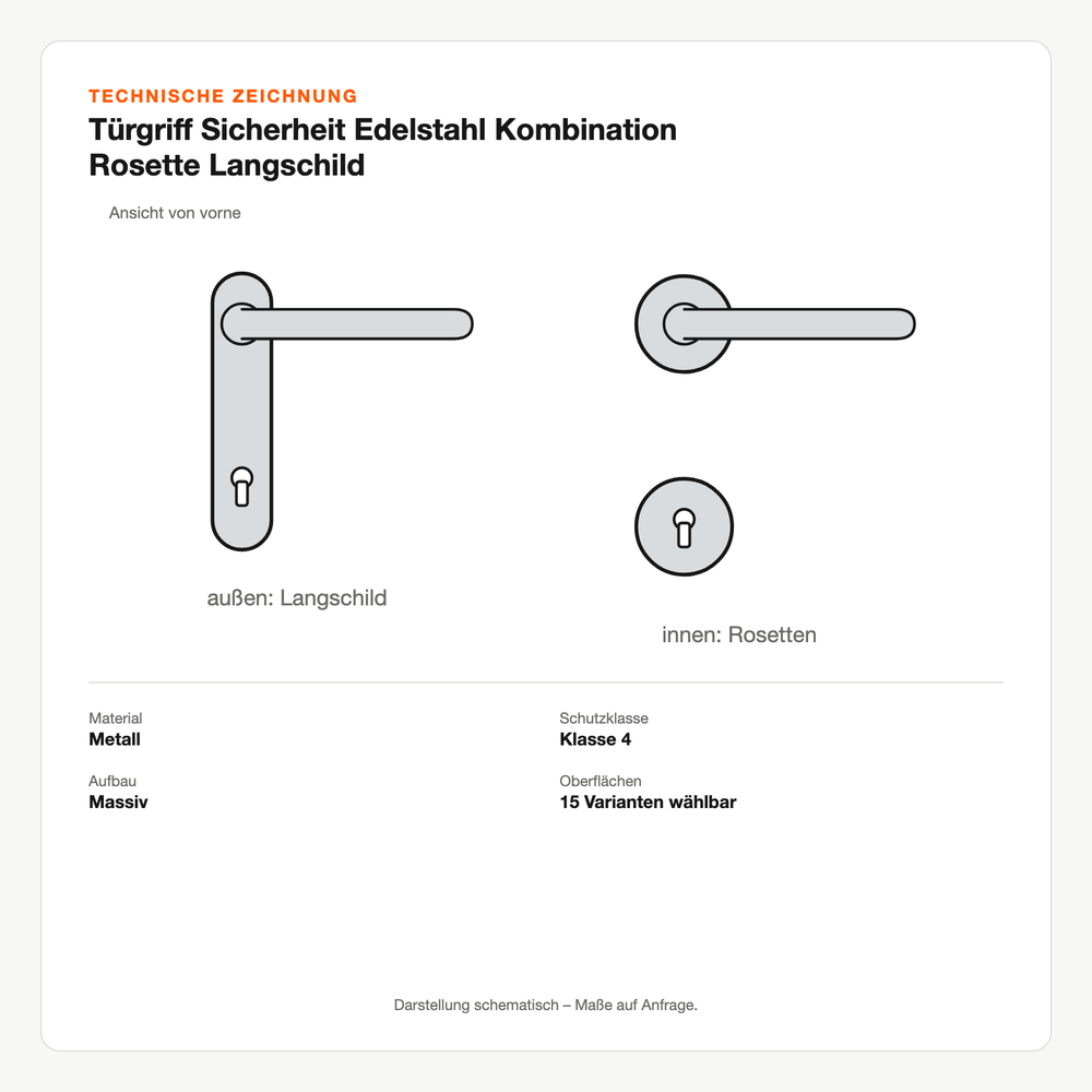 Technische Zeichnung: Türgriff Sicherheit Edelstahl Kombination Rosette Langschild