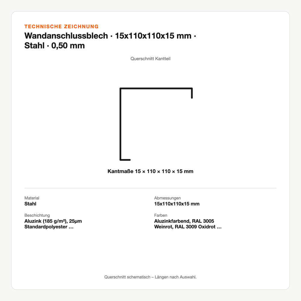 Technische Zeichnung: Wandanschlussblech | 15x110x110x15 mm | Stahl | 0,50 mm
