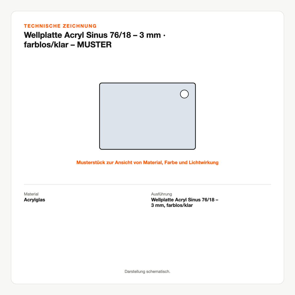 Technische Zeichnung: Wellplatte Acryl Sinus 76/18 – 3 mm | farblos/klar – MUSTER