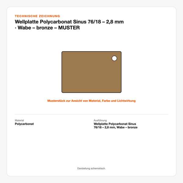 Technische Zeichnung: Wellplatte Polycarbonat Sinus 76/18 – 2,8 mm | Wabe – bronze – MUSTER
