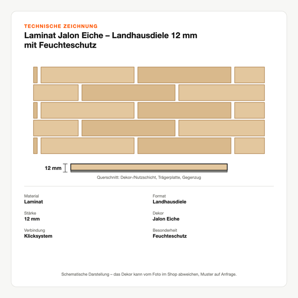 Technische Zeichnung: Laminat Jalon Eiche – Landhausdiele 12 mm mit Feuchteschutz