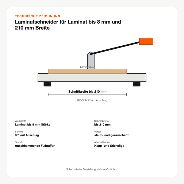 Technische Zeichnung: Laminatschneider für Laminat bis 8 mm und 210 mm Breite