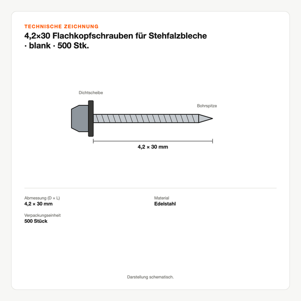 Technische Zeichnung: 4,2×30 Flachkopfschrauben für Stehfalzbleche | blank | 500 Stk.