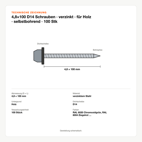 Technische Zeichnung: 4,8×100 D14 Schrauben | verzinkt | für Holz | selbstbohrend | 100 Stk