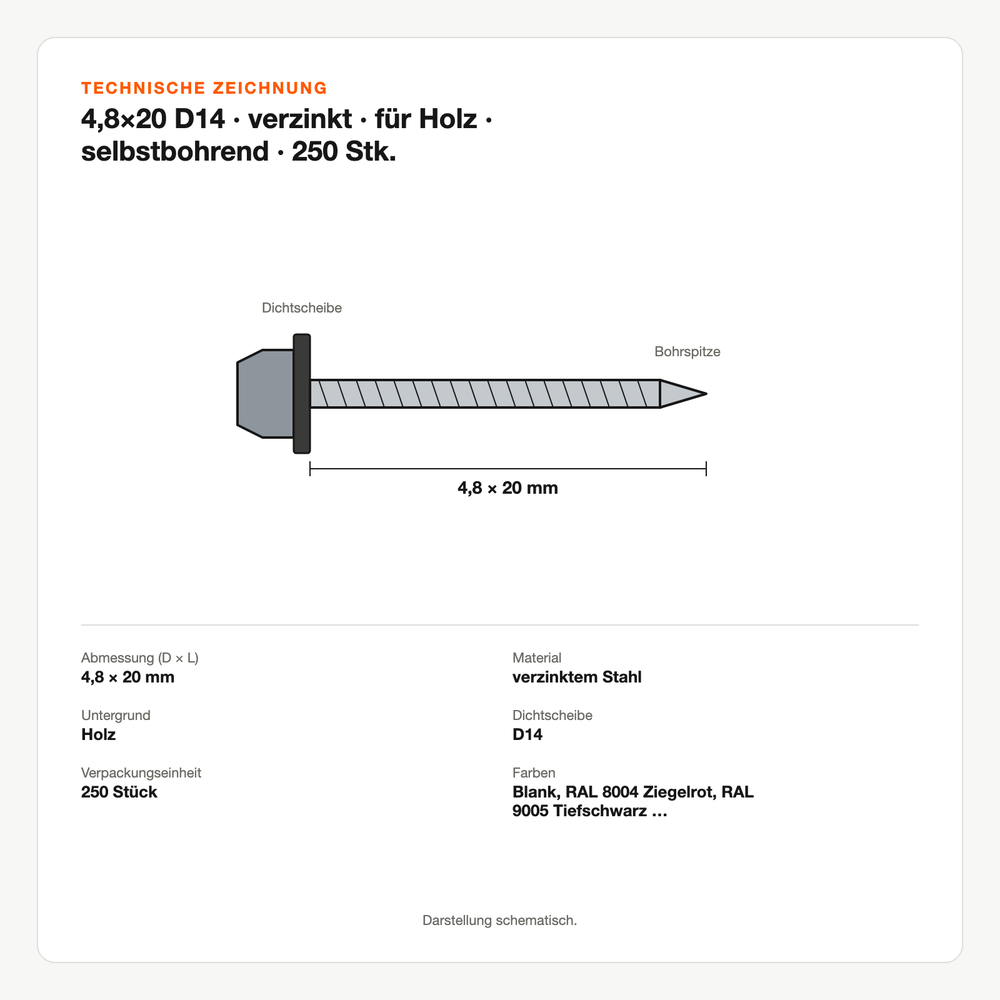 Technische Zeichnung: 4,8×20 D14 | verzinkt | für Holz | selbstbohrend | 250 Stk.