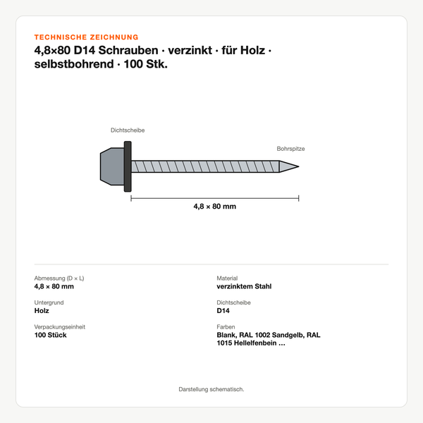 Technische Zeichnung: 4,8×80 D14 Schrauben | verzinkt | für Holz | selbstbohrend | 100 Stk.