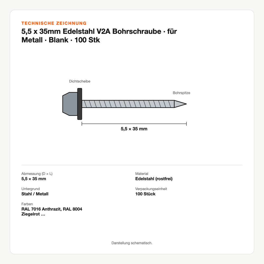 Technische Zeichnung: 5,5 x 35mm Edelstahl V2A Bohrschraube | für Metall | Blank | 100 Stk