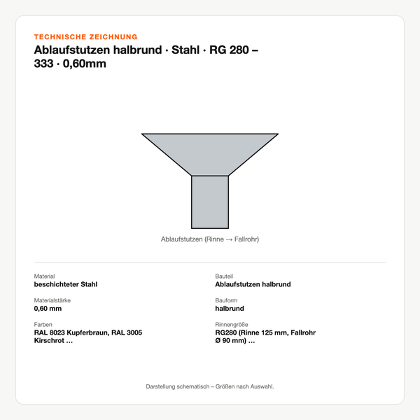Technische Zeichnung: Ablaufstutzen halbrund | Stahl | RG 280 – 333 | 0,60mm