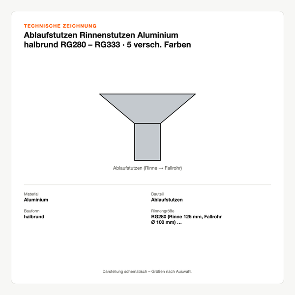Technische Zeichnung: Ablaufstutzen Rinnenstutzen Aluminium halbrund RG280 – RG333 | 5 versch. Farben