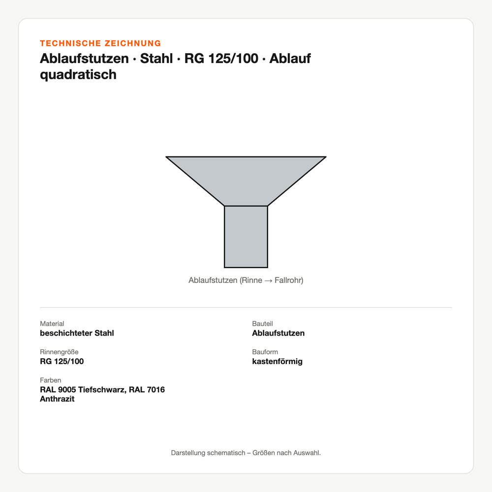 Technische Zeichnung: Ablaufstutzen | Stahl | RG 125/100 | Ablauf quadratisch