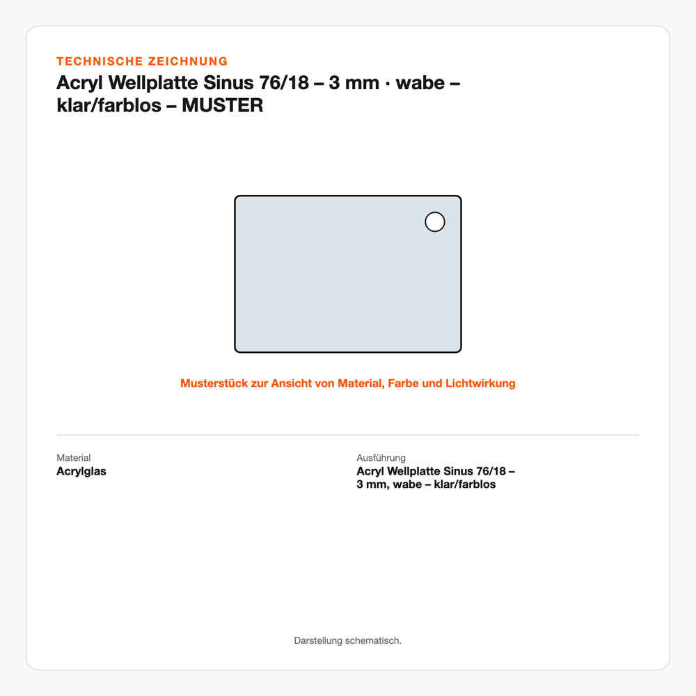 Technische Zeichnung: Acryl Wellplatte Sinus 76/18 – 3 mm | wabe – klar/farblos – MUSTER