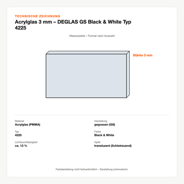 Technische Zeichnung: Acrylglas 3 mm – DEGLAS® GS Black & White Typ 4225