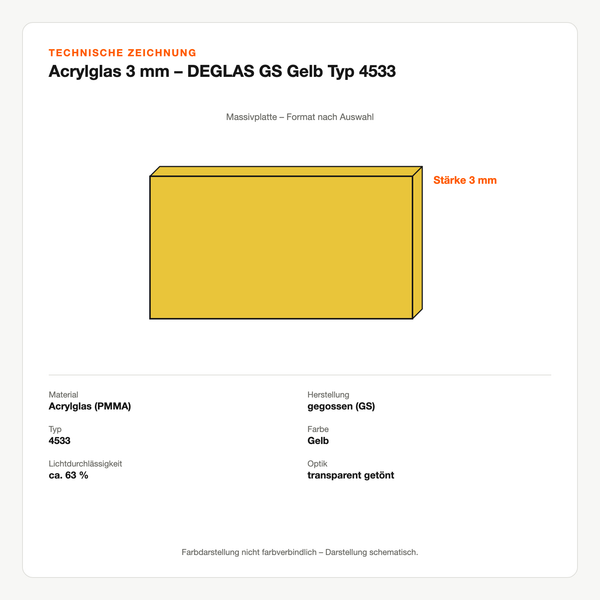 Technische Zeichnung: Acrylglas 3 mm – DEGLAS® GS Gelb Typ 4533