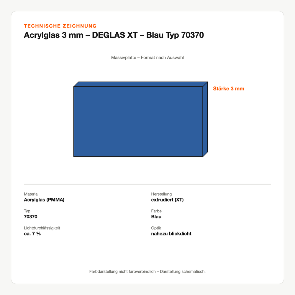 Technische Zeichnung: Acrylglas 3 mm – DEGLAS® XT – Blau Typ 70370