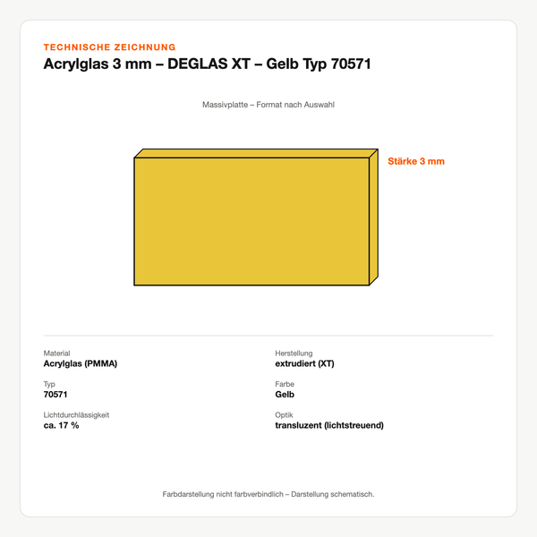 Technische Zeichnung: Acrylglas 3 mm – DEGLAS® XT – Gelb Typ 70571