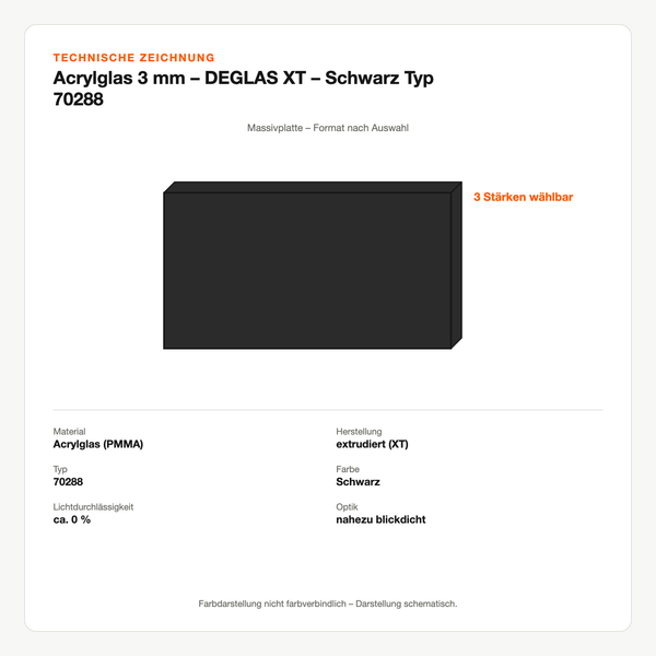 Technische Zeichnung: Acrylglas 3 mm – DEGLAS® XT – Schwarz Typ 70288