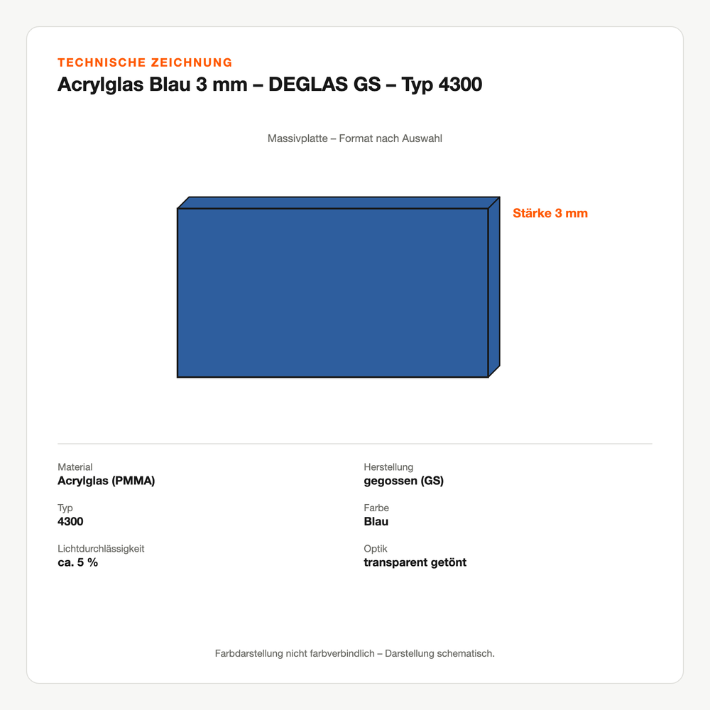 Technische Zeichnung: Acrylglas Blau 3 mm – DEGLAS® GS – Typ 4300