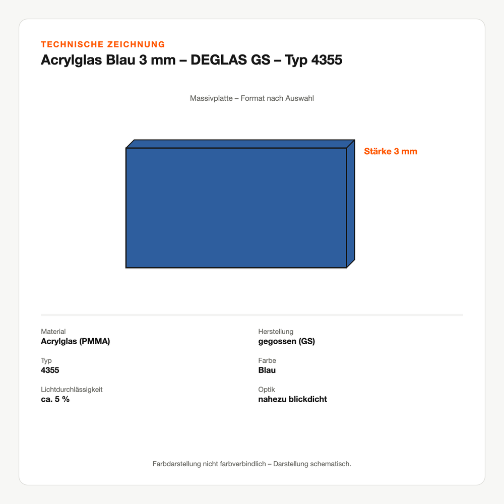 Technische Zeichnung: Acrylglas Blau 3 mm – DEGLAS® GS – Typ 4355