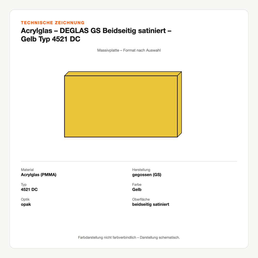 Technische Zeichnung: Acrylglas – DEGLAS® GS Beidseitig satiniert – Gelb Typ 4521 DC