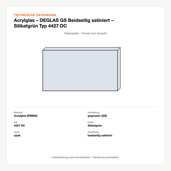 Technische Zeichnung: Acrylglas – DEGLAS® GS Beidseitig satiniert – Silikatgrün Typ 4427 DC